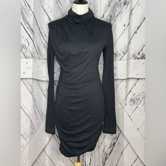NWT Pam & Gela Twisted Turtleneck Dress Black Ruched Cut Out Back S - Picture 4 of 11